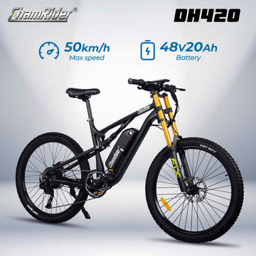 ChamRider DH420 E-Bike - 250W/750W Powerful Full Suspension E-Mountain Bike 48V20AH Battery, 50km/h Top Speed - Ready for European Commutes & Off-Road