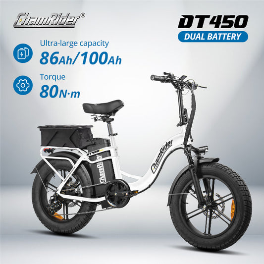 ChamRider DT450 Dual Battery Ebike 48V 50AH+32AH/50AH | 250KM+ Range Foldable Electric Bike for Food Delivery Riders, Couriers & Heavy-Duty Delivery in Europe